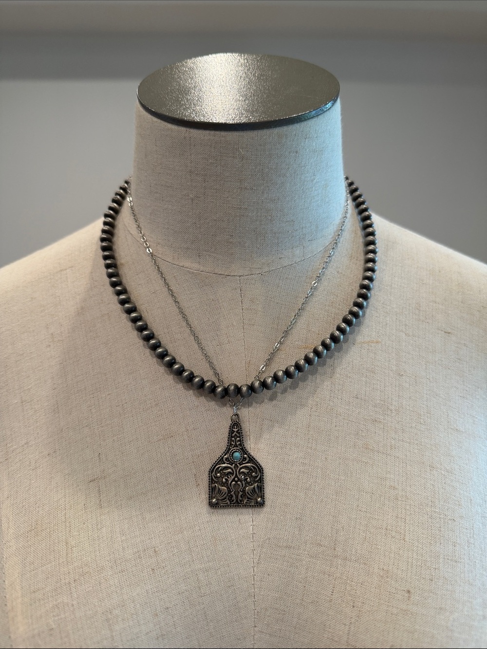 Sterling Silver Turquoise Pendant Necklace - Gray Beaded Layered Chain